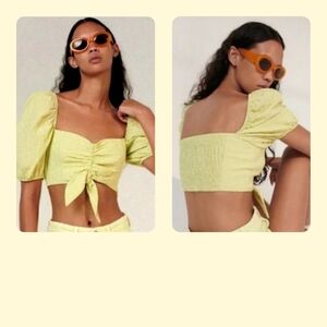 Zara NWOT Lime Green Gingham Plaid Puff Sleeve Crop Top Front Tie Sz XS
